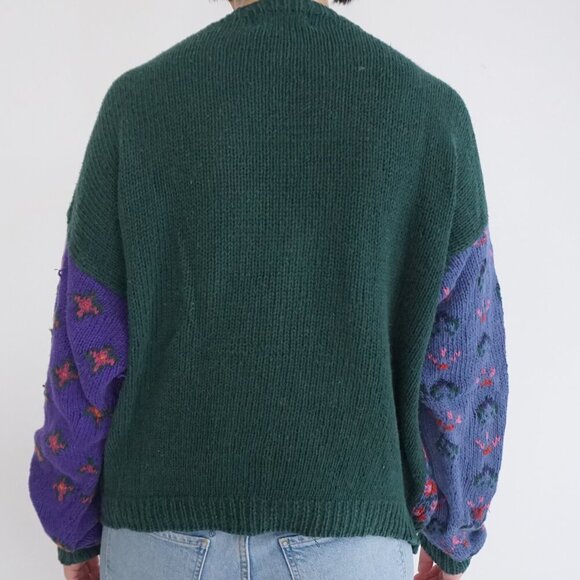 Vintage Woolrich Purple Green Floral Knit Cotton Blend Crewneck Sweater L - Picture 3 of 10